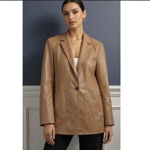 Deveaux Camel Vegan Leather Blazer Tailored Single Button Jacket